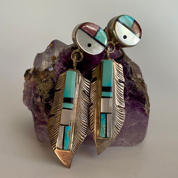 Alvin Yellowhorse Sterling Silver Stone Shell Inlay Feather Earrings