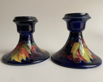 William Moorcroft Pottery Candlesticks Leaf and Berry Pattern Potter to HM the Queen