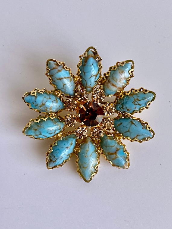 Austria Turquoise Citrine Glass Flower Brooch Vin… - image 1