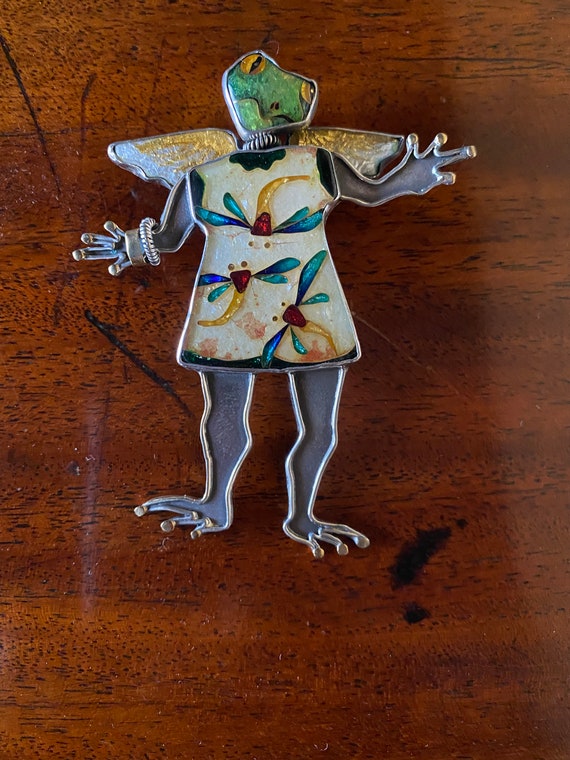 Kristin Holeman Cloisonne Enamel Frog Angel Brooc… - image 3