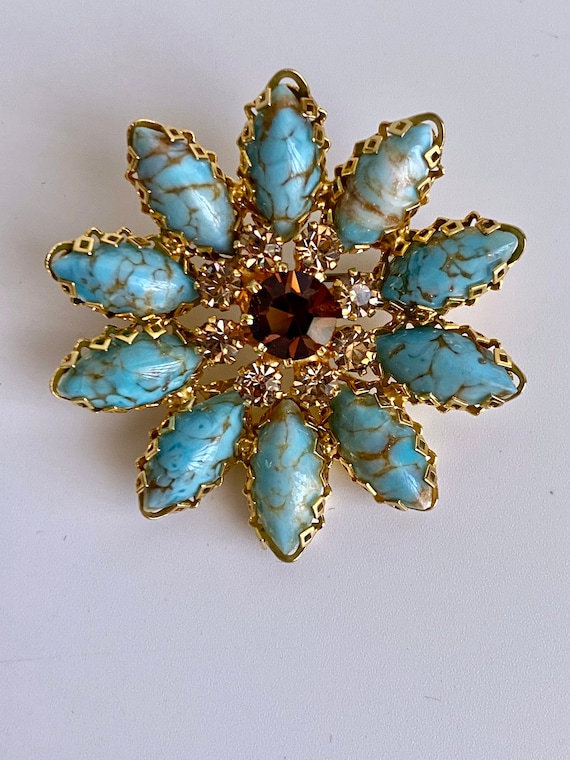 Austria Turquoise Citrine Glass Flower Brooch Vin… - image 3