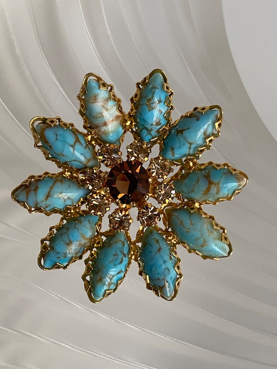 Austria Turquoise Citrine Glass Flower Brooch Vin… - image 6