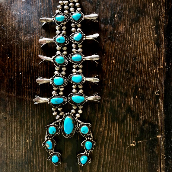 BIG Navajo Squash Blossom Necklace Sterling Silver & Turquoise - Ruby Lane