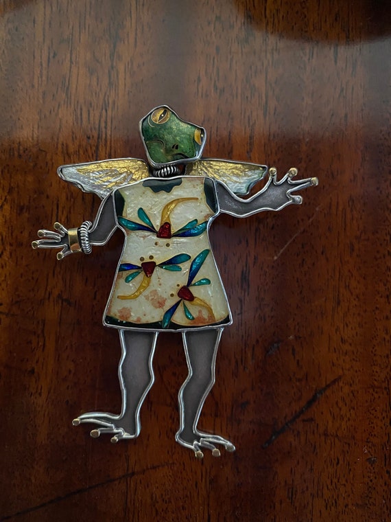 Kristin Holeman Cloisonne Enamel Frog Angel Brooc… - image 2