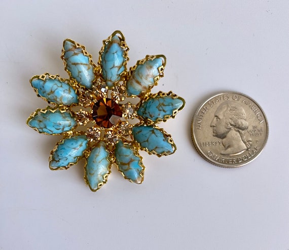 Austria Turquoise Citrine Glass Flower Brooch Vin… - image 2