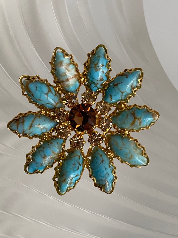 Austria Turquoise Citrine Glass Flower Brooch Vin… - image 10