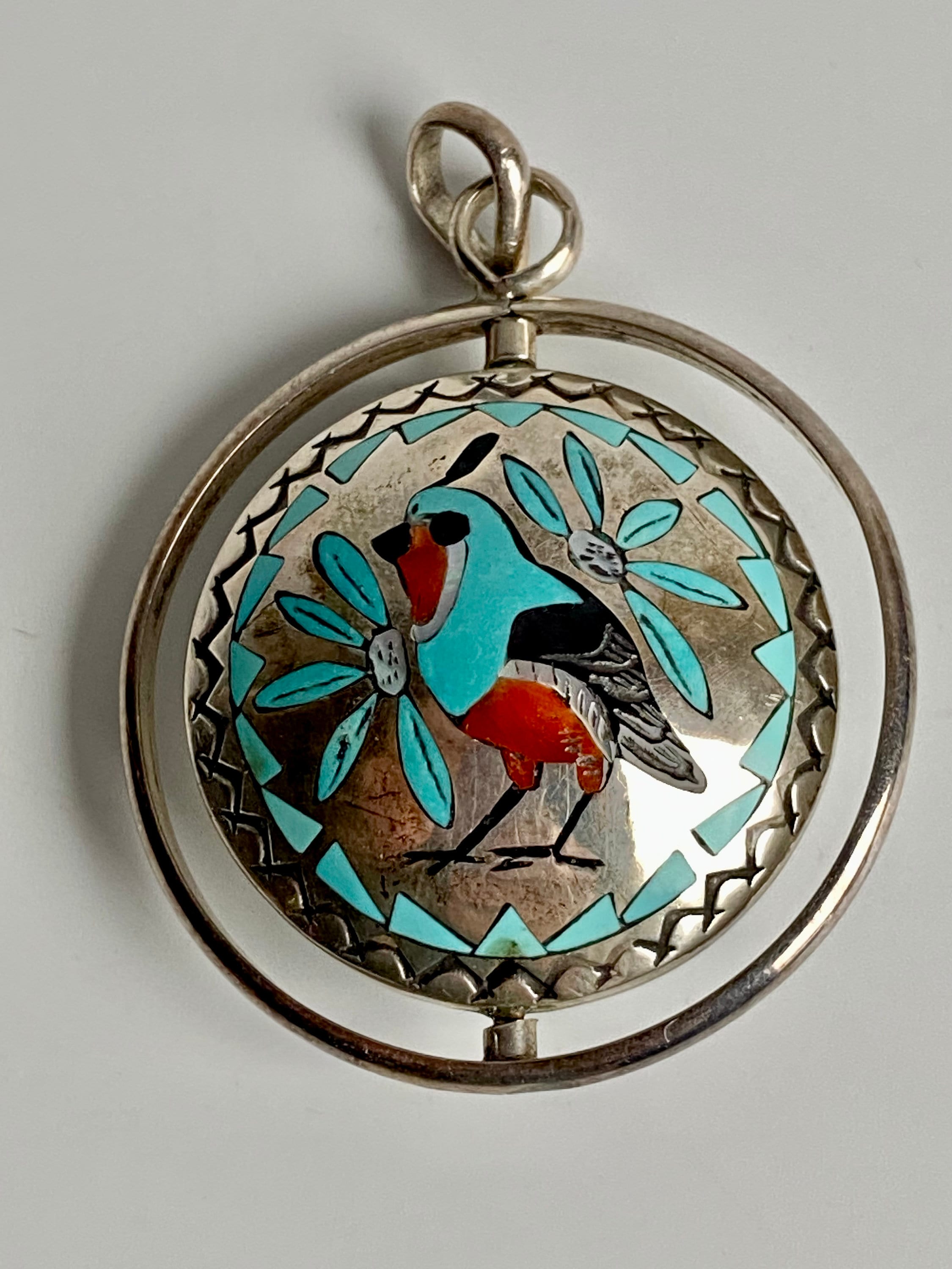 Ray Boy Vintage Native American Navajo Coral Cardinal Inlay Sterling Silver Necklace Ray Boy Vintage Native American Navajo Coral Cardinal Inlay Sterling Silver Necklace