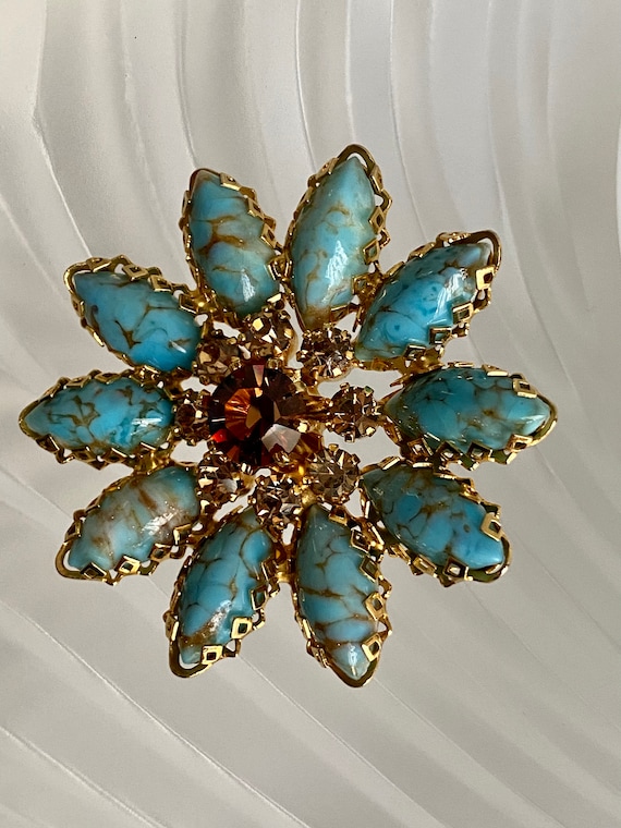 Austria Turquoise Citrine Glass Flower Brooch Vin… - image 7
