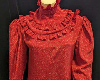 Valentines Day! Vintage 80s Romantic VICTORIAN STYLE BLOUSE with Ruffled Curved Yoke Detail  Prairie Cottagecore Poly Crepe Bust 40"