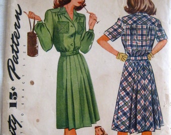 UNCUT Vintage 40s SIMPLICITY Pattern 1192 Shirtwaist Tailored  DRESS with Pocket Detail  Size 12 Bust: 30"