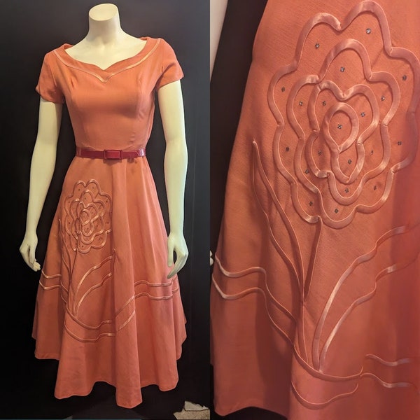 Vintage 50s FULL SKIRT DRESS New Look Era Coral Rayon w. Rhinestones,  Summer Prom or Cocktail Party, Fit and Flare, Junior size ~Bust: 33"