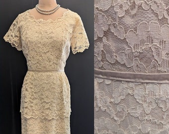 Vintage 1950s Off-white Lace Sheath Dress, Tiered Skirt, Bust 43"