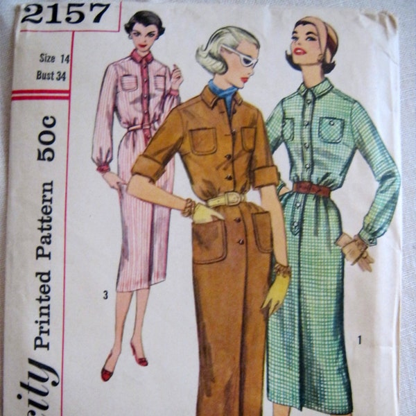 UNCUT Vintage 50s SHIRTWAIST Tailored Sheath DRESS Pattern Simplicity # 2157  Bust 34"