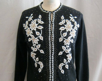 Vintage 50s - 60s BEADED SWEATER Black Lambswool Partially Lined ~ LARGE Bust 42" Primo condition!