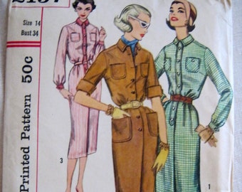 UNCUT Vintage 50s SHIRTWAIST Tailored Sheath DRESS Pattern Simplicity # 2157  Bust 34"