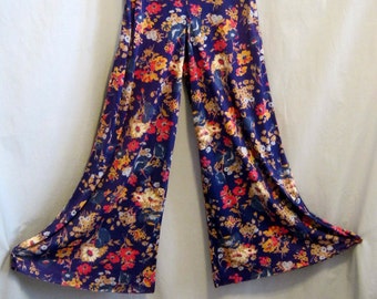 Vintage 70s PALAZZO PANTS Hi-Waist Floral JERSEY Print Cottagecore Bohemian Festival Hippie Style   Size Small / Medium