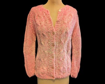 Vintage 60s MOHAIR Cardigan SWEATER Handknit V-neck Cabled Bust
