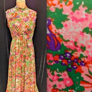 Vintage 70s MOD Floral Print MAXI DRESS Loungewear Nylon Tricot Knit Bust: 42&quot; Large