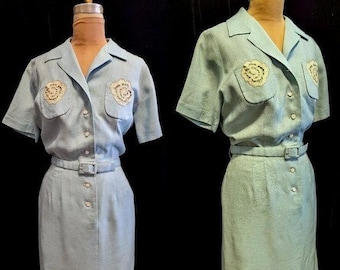 Vintage 50s VOLUP Blue LINEN SHIRTWAIST Sheath Dress with Belt Bust 42"