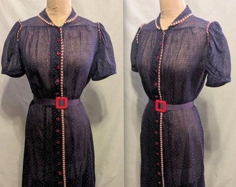 Vintage Late 30s 40s WWII Cotton DRESS Navy Blue Sheer Voile with Red and White dots Classic Summer Shirtwaist, Swing Era, Bust 38"