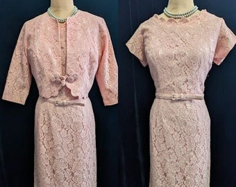 Rare VOLUP! Vintage 1950s Pink LACE Suit ~Sheath Dress, Jacket and Belt, Scallop Detail MOB, Wedding, Bridal, Bust 42"