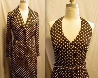 Vintage 70er Jahre Disco Halfter MAXI KLEID und JACKE Braun Polka Dots