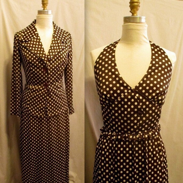 Vintage 70s Disco Halter MAXI DRESS and JACKET Brown Polka Dots