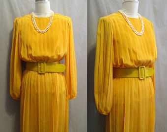 Vintage 80s All-PLEATED DRESS with BALLOON Sleeves Bright Yellow ~Medium Bust 38""
