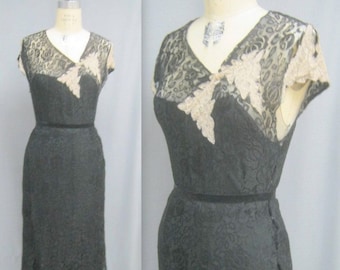 Vintage 30s Black LACE Evening GOWN Maxi Long Formal Party Prom Dress HOLLYWOOD Glam Bust 33"