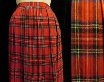 Vintage 60 TARTAN PLAID Pleated SKIRT Kilt Red Preppy   Waist 26" Small/Medium