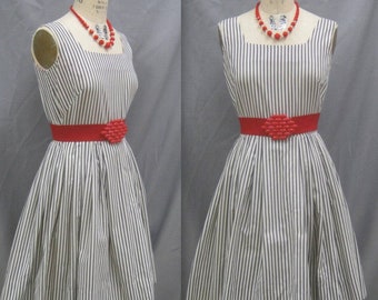 Vintage 50s 60s TICKING STRIPE DRESS Crisp Tailored with Full Skirt  "Fit and Flare" Huge Hem  Bust 35.5"