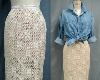 Vintage 50s Cotton CROCHET LACE Pencil SKIRT Bohemian Wedding Cocktail Party Sheath Wiggle Retro Style Small/Xtra Small Waist: 25"