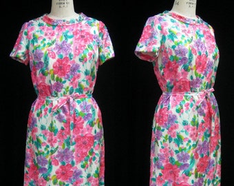 Vintage 60 VOLUP MOD Sequinned Silk Shift DRESS by Nettie MIlgrim A-line Bright Floral Cocktail Party, Bust 42"