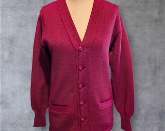 Vintage 1940s 50s 60s WOOL Letterman Varsity SWEATER Cardigan with Pockets. Burgundy Maroon, Dark Academia Preppy ~Size Small. Can be Unisex