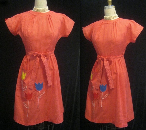 Vintage 50s 60s SWIRL WRAP Apron DRESS Coverall Fi