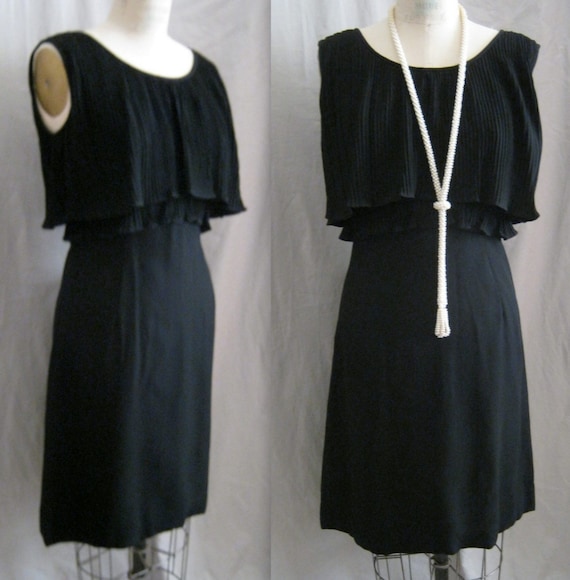 Vintage 50s 60s Black Rayon Crepe Sheath DRESS wi… - image 1