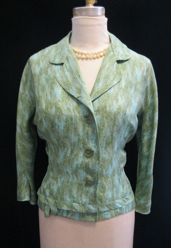 Vintage 50s SILK Shantung SUIT JACKET Green Abstr… - image 2