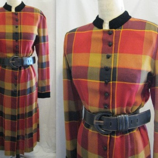 Larger size! Vintage 80s does 50s ADELE SIMPSON Designer Shirtwaist DRESS Bold Plaid Classic Style  Xtra Large Bust 50""