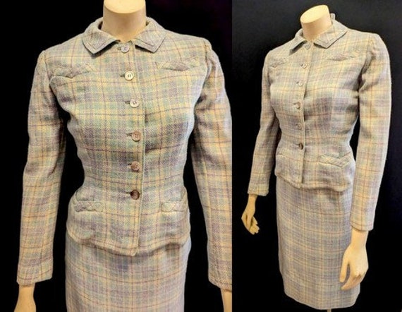 Vintage 1950s Tailored SUIT Blue Plaid Nipped Wai… - image 1