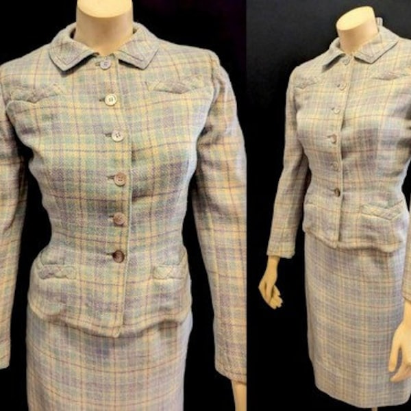 vintage années 1950 Costume sur mesure Bleu Plaid Nipped Taille, Jupe Gaine Beaux Détails Peut-être par DAVIDOW, Buste"