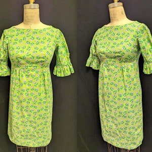 Vintage jaren 60 MOD mini-JURK Katoenprint RIJK Taille, mouwen met ruches Hippiefestivalbuste: 36&quot;