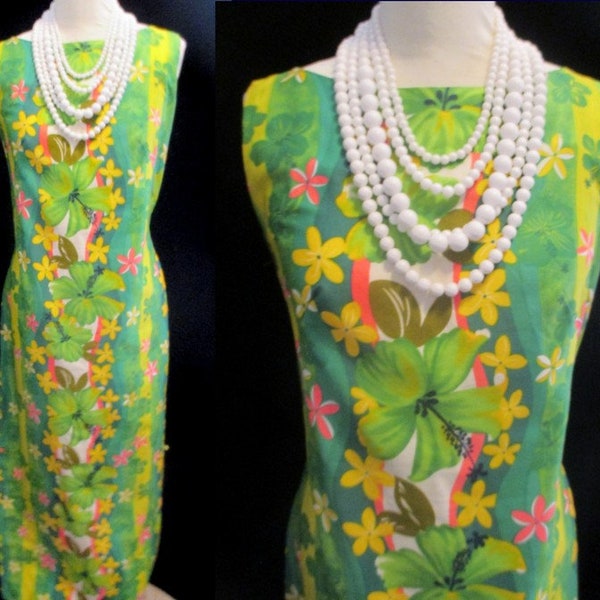 Vintage 60s 70s Floral ROYAL HAWAIIAN Maxi DRESS Tropical Print Hostess Gown Patio Bust 38"