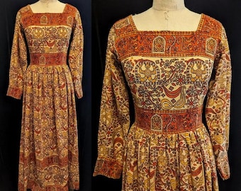 Sale!  Deadstock Vintage 70s BOHO Festival Maxi DRESS INDIAN Cotton Block Print India Import Authentic Hippie  ~Bust 37"