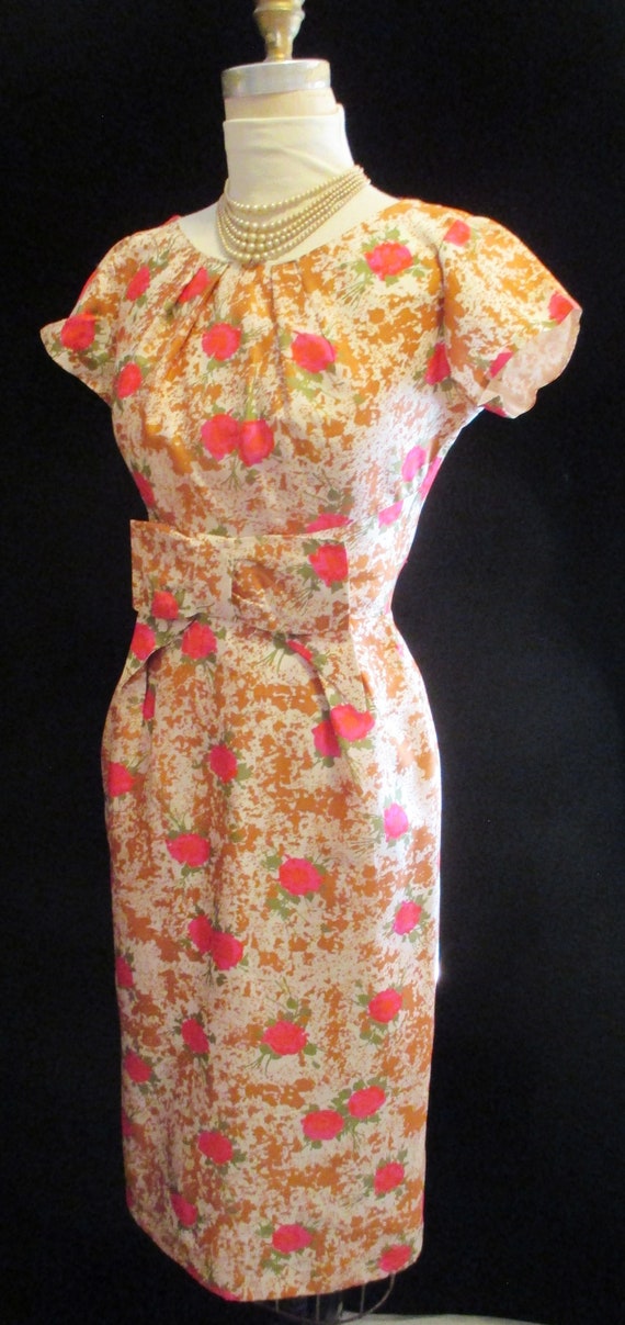 Vintage 50s Floral SHEATH WIGGLE DRESS Cocktail P… - image 8