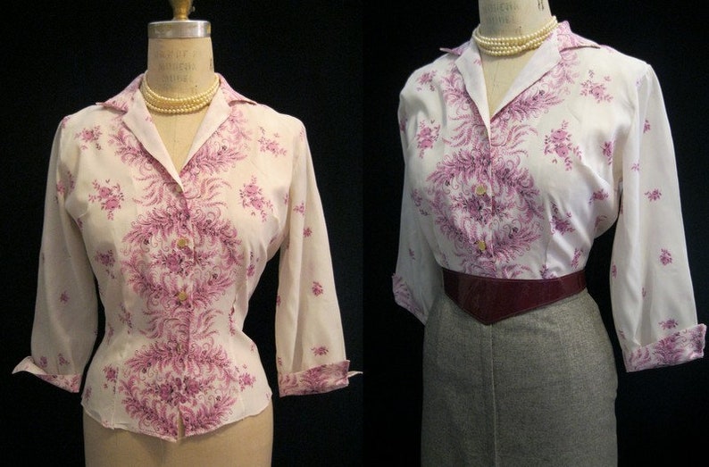 Vintage 50s Lavender Border PRINT BLOUSE Top Shirt Romantic Style Sportswear Size Bust 40