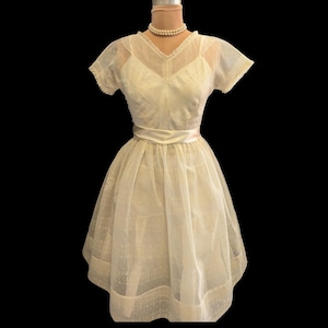 Vintage 1950s Nylon Organza SHEER White DRESS with Flocking PROM, Cocktail Party, Summer Formal Style  ~Bust : 36&quot;