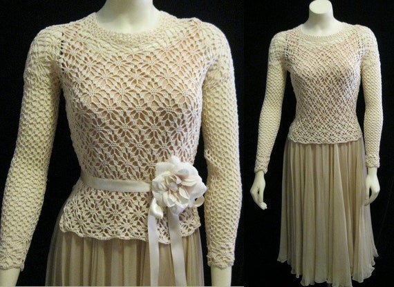 Vintage 70s CROCHET SWEATER Romantic Cottagecore R