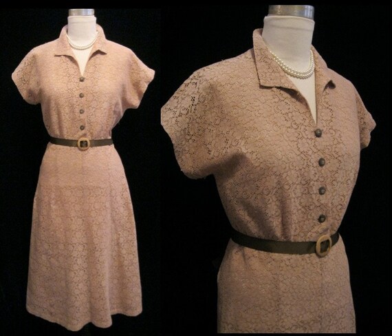 Vintage NEW LOOK 40s 50s Lace DRESS Cotton with Se
