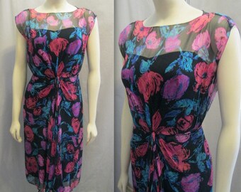 Vintage 60s SILK CHIFFON Cocktail Wiggle DRESS Sheath with Draped Skirt Floral Print ~ Bust 32" Small