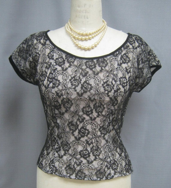 Vintage 1950s BLACK LACE BLOUSE Top Nude Lining H… - image 1